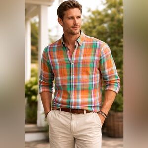 Ralph Lauren 100% Linen Plaid Button Down Shirt Mens Medium Multicolor Pony Logo